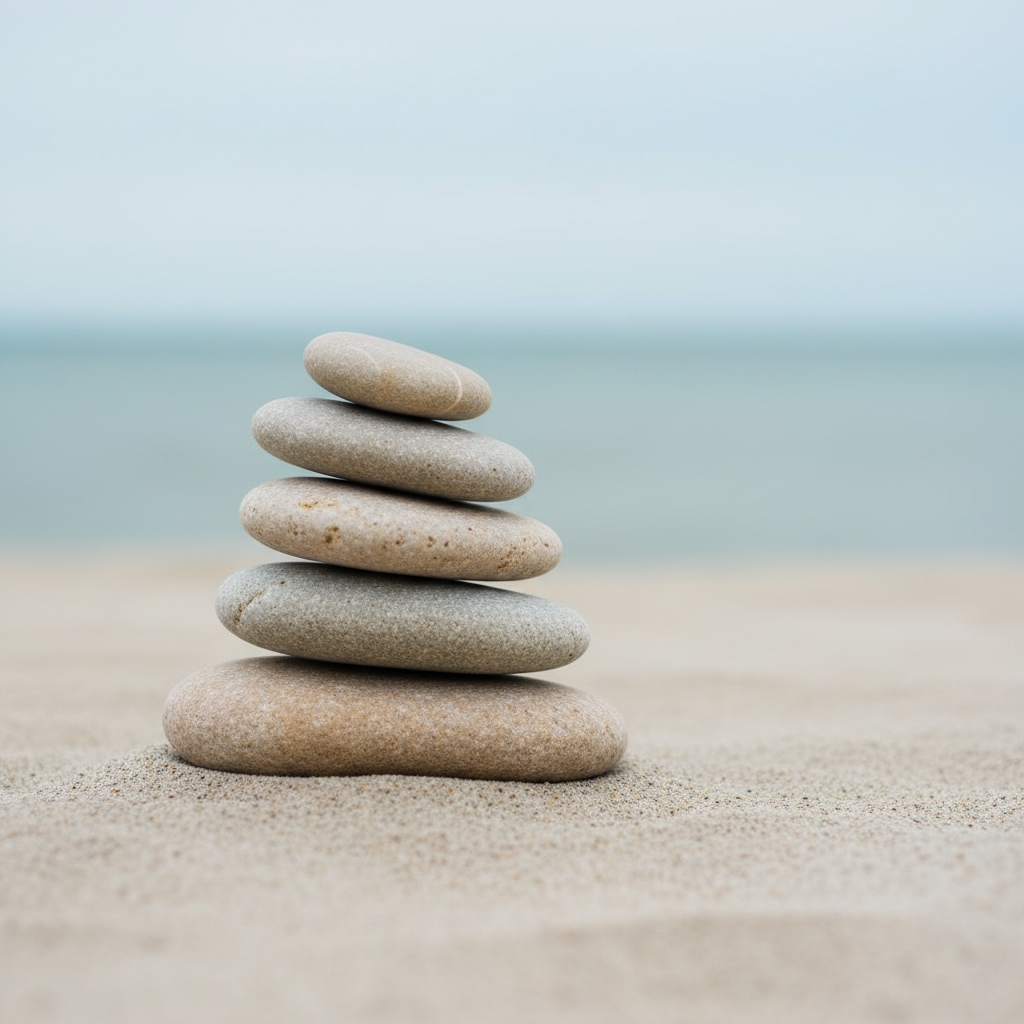 A symbolic representation of inner balance for a psychotherapy website: a stack of smooth, rounded river stones in varying shades of gray and beige, carefully balanced on a light sand surface, with no people visible. In the background, out of focus, a soft blue-green gradient suggests distant water and sky. Overcast, diffused daylight creates an even, gentle illumination, with delicate shadows around the stones emphasizing their contours without harshness. Photographic realism, low-angle, close-up composition with the stones placed slightly off-center using the rule of thirds. The mood is serene, hopeful, and stable, reflecting the therapeutic journey toward equilibrium and emotional resilience.