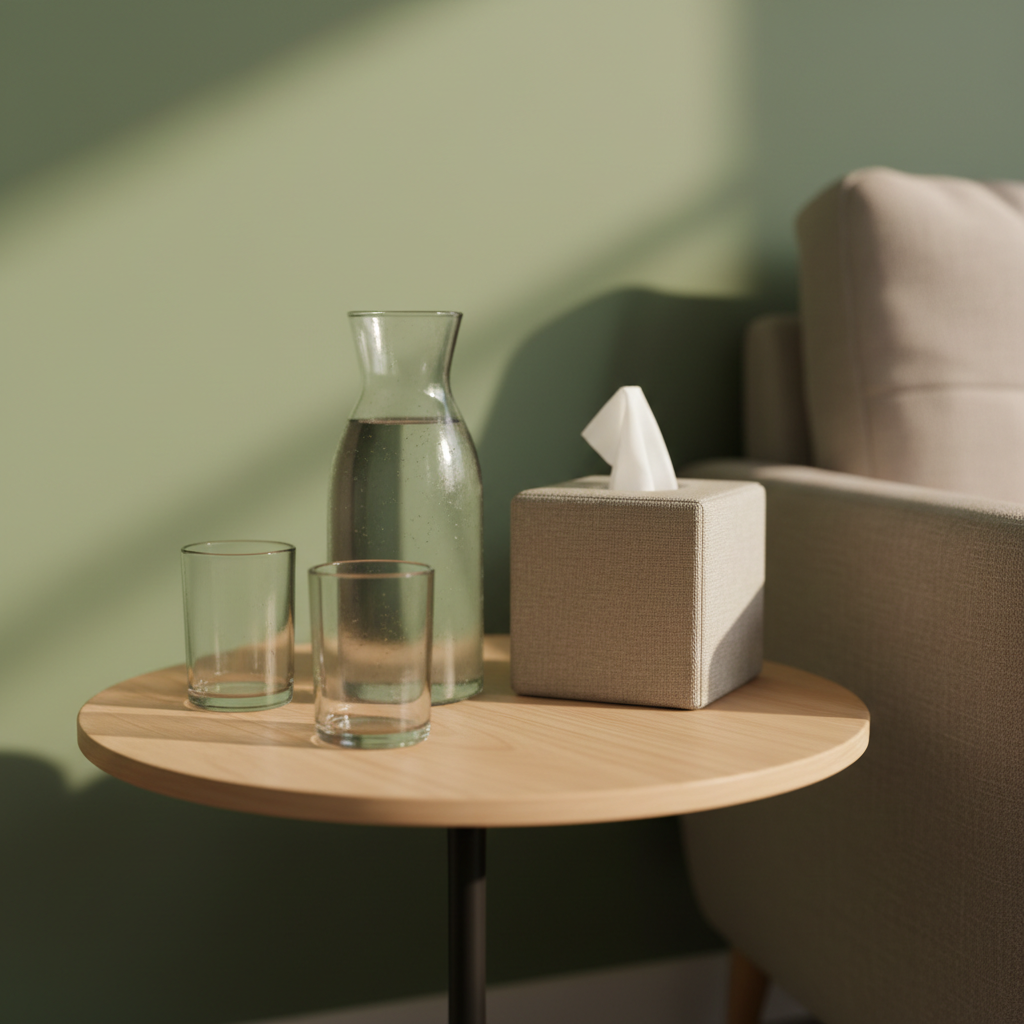 A close-up of a small, carefully arranged ‘corner of calm’ in a psychotherapy office, without any people, featuring a round wooden side table with a smooth, natural grain. On the table rests a glass carafe of water with delicate condensation, two clear tumblers, and a simple tissue box in a textured linen cover. Behind, a soft moss-green wall and the blurred edge of a neutral-colored armchair suggest a larger, welcoming space. Late-morning natural light filters in from the side, catching gentle highlights on the glass and casting soft shadows. Photographic realism, shallow depth of field with the foreground in crisp focus, conveying safety, care, and emotional support.