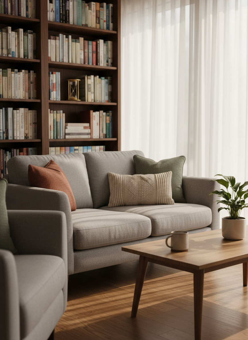 A warmly lit psychotherapy consulting room without any people, featuring a soft gray fabric armchair and a matching two-seat sofa with textured cushions in muted earth tones. A light oak coffee table holds a simple ceramic mug and a small green plant in a matte white pot. In the background, a tall bookcase with neatly arranged psychology books and a discreet sand timer adds depth. Gentle afternoon daylight filters through sheer white curtains, creating soft, elongated shadows and a calm, inviting mood. Photographic realism, shot at eye level with a slight angle toward the seating area, shallow depth of field subtly blurring the background to emphasize comfort, safety, and professional care.