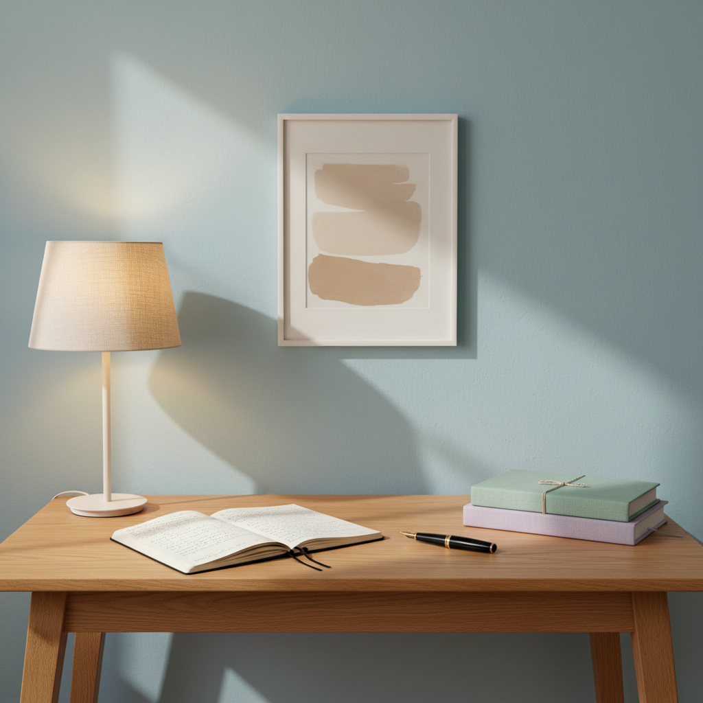 A tidy wooden writing desk set against a pale, calming blue wall, symbolizing reflective psychotherapeutic work, with no people present. On the desk lies an open cream-colored notebook with handwritten notes, a black fountain pen, and a neatly stacked pair of psychology textbooks with pastel covers. A small, minimalist table lamp with a linen shade casts warm, diffused light, complemented by soft natural daylight from an unseen window, creating layered, gentle shadows. A simple framed abstract artwork in soothing beige and sand tones hangs above. Photographic realism, composed using the rule of thirds from a slightly elevated perspective, evoking professionalism, thoughtfulness, and quiet focus.